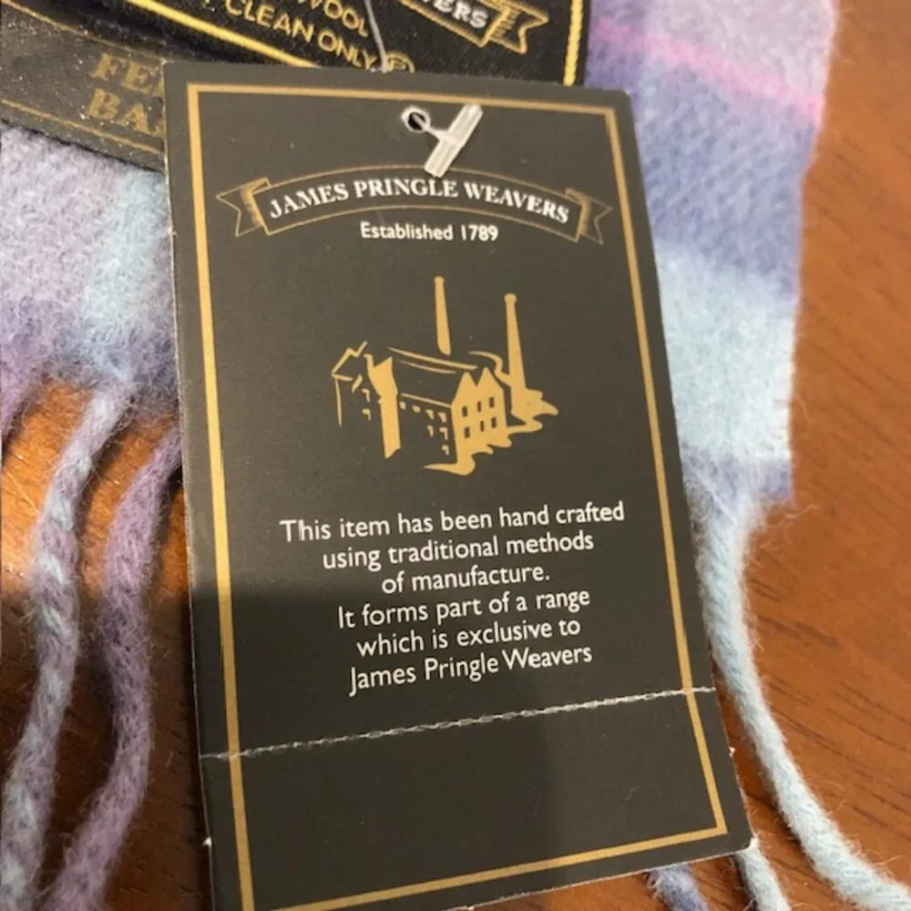 James Pringle Weavers Scotland Hand Crafted Purple Blue Plaid Wool Scarf NWT.